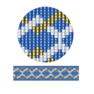 aweben22.1-Ein dekoratives Design mit einem blau-gelben Muster und kräftigen Streifen in beiden Farben.
