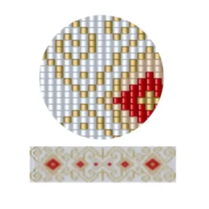 aweben26.1-Ein gewebtes muster mit abwechselnden roten und goldenen Quadraten in geometrischem Design.