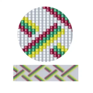 aweben28.2-Ein dynamisches Design von Quadraten, die kräftige rote, grüne und gelbe gestreifte Muster in einer Gitterformation zeigen.