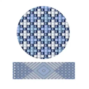 aweben32.1-Eine Nahaufnahme eines blau-weiß gewebten Musters, das filigrane Texturen und Designs zeigt.