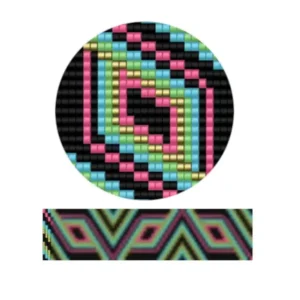 aweben34.2-Ein lebendiges geometrisches Muster, das eine Vielzahl bunter Quadrate in einem strukturierten Layout zeigt.