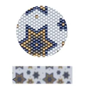 pk12.2-Ein blau-goldiges, tribal inspiriertes Muster mit geometrischen Formen und geschwungenen Linien.