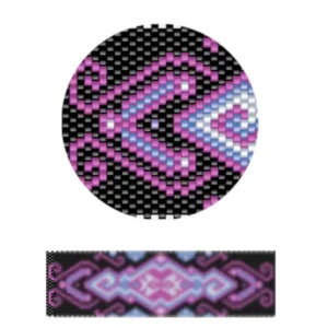 pk13.1-Ein Design mit einem lebhaften lila und blauen Muster, das geometrische Formen zeigt.