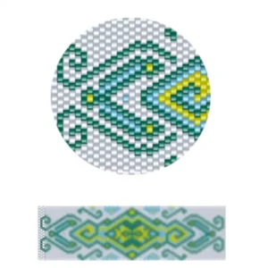 pk16-muster mit einem grünen und gelben Design, das geometrische Formen und florale Elemente zeigt.