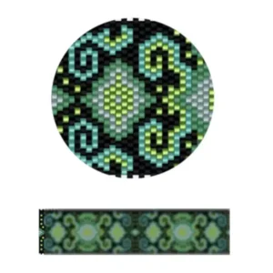 pk25-Ein dekoratives Design mit grün-schwarzem Stammesmuster, der detaillierte geometrische Motive zeigt.