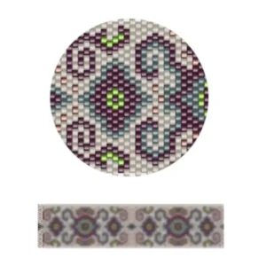 pk25.2-Ein Muster mit leuchtenden Grün-, Lila- und Blaufarben, die in einem strukturierten Design miteinander verwoben sind.