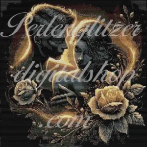 webenbild16-love-muster eines Mannes und einer Frau, umgeben von Rosen, in romantischem Design.