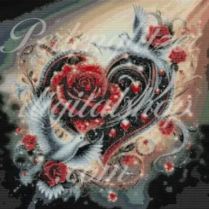 webenbild20-taube-rose-herz-Muster mit einem Herz und Rosen, ideal für kreative Perlenweben-Projekte.