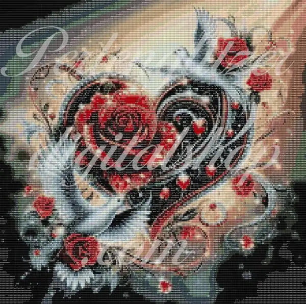 webenbild20-taube-rose-herz-Muster mit einem Herz und Rosen, ideal für kreative Perlenweben-Projekte.