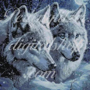 webenbild22-wolfspaar-Zwei weiße Wölfe im schneebedeckten Terrain, unter dem sanften Licht des Mondes, strahlen Ruhe und Anmut aus.