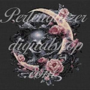 webenbild23-totenkopf-im-Rosenmeer-muster mit einem Totenkopf, umgeben von stilisierten Rosen in lebendigen Farben.
