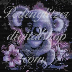 webenbild25-lila-koala-bild eines Koalas, umgeben von bunten Blumen, zeigt detailreiche Handarbeit und lebendige Farben.
