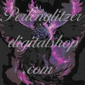 webenbild26-phoenix-Pixelkunst eines schwarzen und lila Vogels mit detaillierten Federn und einem stilisierten Körper.