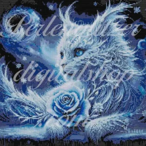webenbild30-Katze-mit-blauer-Rose-Detailreiches Muster einer weißen Katze mit strahlend blauen Augen, verziert mit Perlen.
