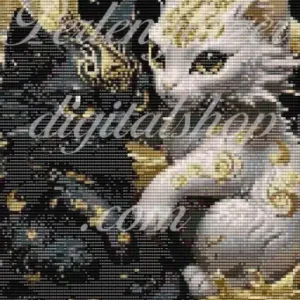 webenbild43-Kaetzchenschwarzundweiss-Zwei Katzen sitzen auf einem goldenen und schwarzen Hintergrund, umgeben von einem eleganten, kunstvollen Muster.