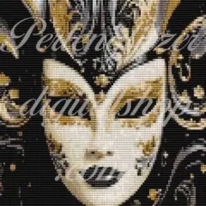 webenbild49-Harlekin-Detailreiches Muster einer goldenen und schwarzen Maske, perfekt für Perlenweben.