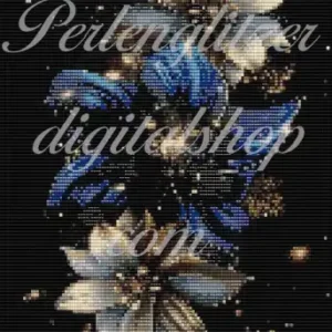 webenbild50-blau-weisse-Blume-Detailiertes muster mit blauen Blumen und funkelnden Sternen.