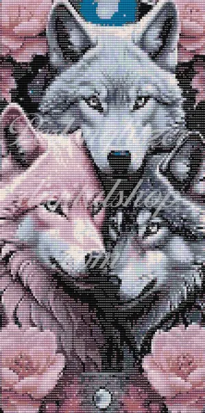 webenbild51-Wolfsfamilie-Detailliertes muster von drei Wölfen, die in einer natürlichen Pose angeordnet sind.