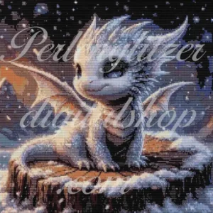 webenbild53-Babydrache-im-Schnee-Ein bild eines weißen Drachen, der majestätisch auf einem Baumstumpf sitzt.