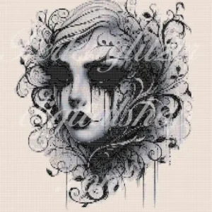 webenbild54-Gesicht-Eine Frau in einem muster dargestellt, verziert mit floralen und blattartigen Motiven, die die Textilkunst betonen.