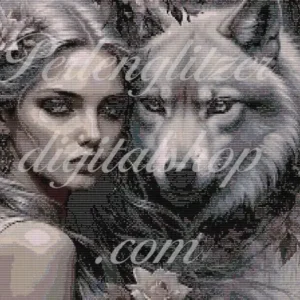 webenbild57-Wolfsfrau-Eine Frau mit langen Haaren steht neben einem Wolf, der majestätisch und aufmerksam in die Ferne blickt.