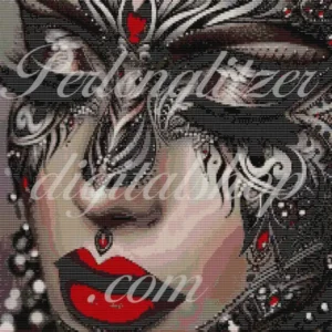 webenbild59-Gesicht-unter-Maske-Stilvolle Frau mit Maske und leuchtend rotem Lippenstift, verkörpert Eleganz und Geheimnis.