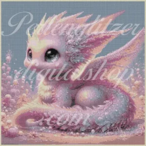 webenbild6-rosadrachenbaby-Rosadrachenbaby-liegend-die-flügel-nach-hinten-ausgestreckt-grosse-kugel-augen-den-schwanz-vor-den-körper-gelegt-blau-grauer-hintergrund.