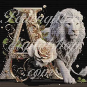 webenbild61-Loewe-a-Ein Löwe und eine Rose neben dem Buchstaben A, symbolisieren Stärke und Schönheit in harmonischer Verbindung.