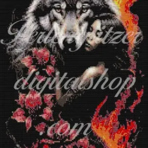webenbild64-Feuerwolf-und-Frau-muster eines Wolfes, umgeben von lebhaften Flammen, das Stärke und Leidenschaft symbolisiert.