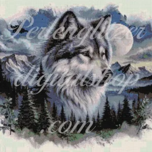 webenbild66-Wolf-in-der-Natur-Ein Muster eines Wolfes, der majestätisch im Wald steht, umgeben von Bäumen und sanften Lichtstrahlen.
