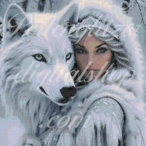 webenbild7-frau-mit-wolf-Weisser-Wolf-Kopf-an-Kopf-mit Frau-Oberkörper-und-Kopf-zu-sehen-Frau-mit-langen-Haaren-in-weiss-warm-gekleidet-beide-sehen-dich-an.