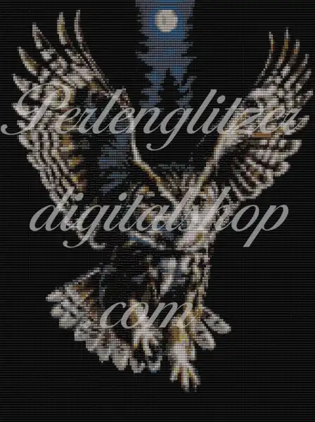 webenbild9-Eule-in-der-Nacht-Braun-weisse-Eule-im-anflug-die-flügel-ausgestreckt-nach-oben-im-schwarzen-wald-oben-mittg-im-bild-der-vollmond.