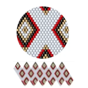wk27-Ein Perlenmuster mit abwechselnden roten, weißen und schwarzen Diamantformen, die in einem dekorativen Design angeordnet sind.