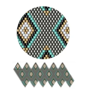 wk27.1-Ein farbenfrohes Perlenmuster mit verschiedenen geometrischen Formen, die in einem symmetrischen Design angeordnet sind.