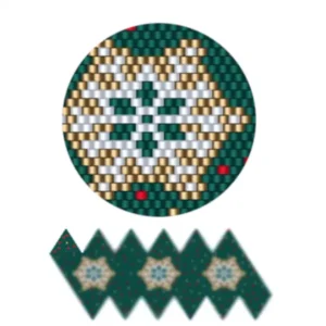 wk28.2-Ein dekoratives Ornament mit einem grün-roten Perlenmuster, das filigrane Designs und lebendige Farben zeigt.