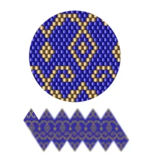 wk31.1-Geometrisches Design in Blau und Gold, das ein zentrales Dreieck zwischen filigranen Mustern zeigt.
