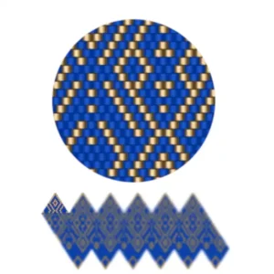 wk33.2- Ein geometrisches Muster mit blauen und goldenen Formen, die in einem visuell eindrucksvollen Design angeordnet sind.