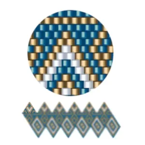 wk34.2- Ein muster aus blauen und goldigen Dreiecken, das ein harmonisches geometrisches Muster erzeugt.