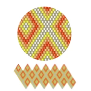 wk50.2-Ein lebendiges Muster mit ineinandergreifenden gelben und orangefarbenen Dreiecken, die ein dynamisches geometrisches Design erzeugen.