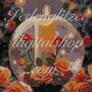 Bild106-muster mit dekorativen Kerzen, umgeben von blühenden Rosen in einem lebendigen Design.