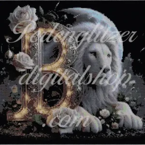 Bild80-peyote-Loewe-B-Ein majestätischer Löwe und bunte Rosen vor dem Buchstaben B, der Kraft und Eleganz vereint.