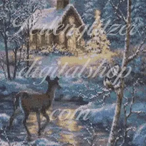 Bild85-peyote-Reh-im-Wald-Muster eines Rehs im Schnee, umgeben von schneebedeckten Bäumen und sanften Hügeln.