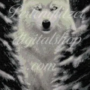 Bild86-peyote-wolf-zwischen-tannen-Muster eines weißen Wolfs, der majestätisch im Wald steht, umgeben von Bäumen und sanften Lichtstrahlen.