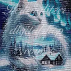 Bild88-peyote-Katze-ueber-dem-Haus-Weißes Katzenmotiv im Kreuzstich, das in einer verschneiten Landschaft mit funkelndem Schnee dargestellt ist.