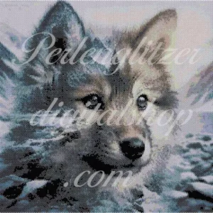 bild79-peyote-jungerWolf-Ein Wolf in einem kunstvollen Muster, das seine Details und Texturen lebendig darstellt.
