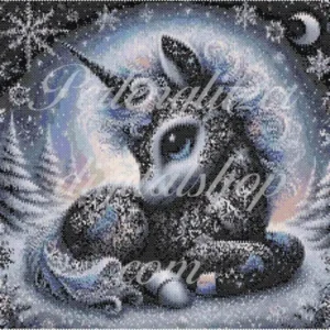 peyotebild11-Einhorn-schwarz-Einhorn-muster im Schnee, das die Schönheit und den Zauber einer winterlichen Landschaft zeigt.