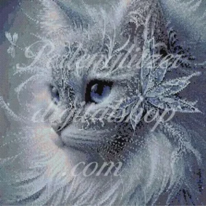 peyotebild17-weisse-Katze-muster eines Katers mit leuchtend blauen Augen, umgeben von bunten Blumenmotiven.
