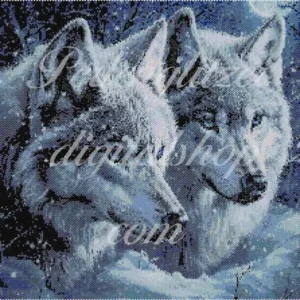 peyotebild22-Wolfspaar-Zwei weiße Wölfe im Schnee, kunstvoll als muster gestaltet, strahlen Ruhe und Eleganz aus.