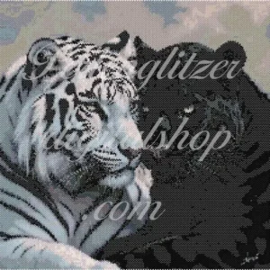 peyotebild24-Tiger-und-Panter-Zwei weiße Tiger liegen entspannt in der Natur, umgeben von grünem Gras und bunten Blumen, voller Eleganz und Kraft.