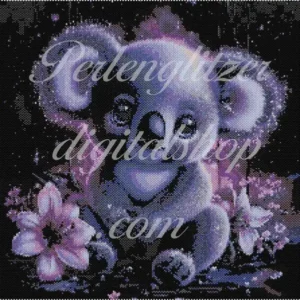 peyotebild25-lila-Koala-Detailreiche Musterarbeit eines Koalas, der zwischen lebhaften Blumen sitzt und eine verspielte Stimmung vermittelt.